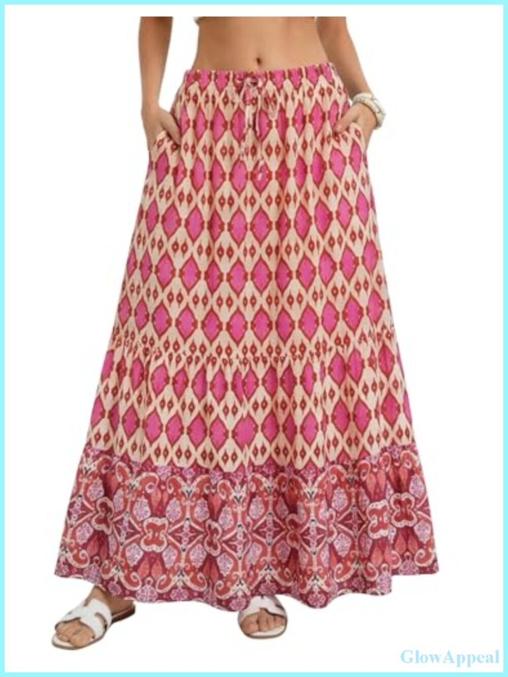 Women's Floral Tiered Maxi Skirt with Pockets, A-Line Flowy Long Skirt